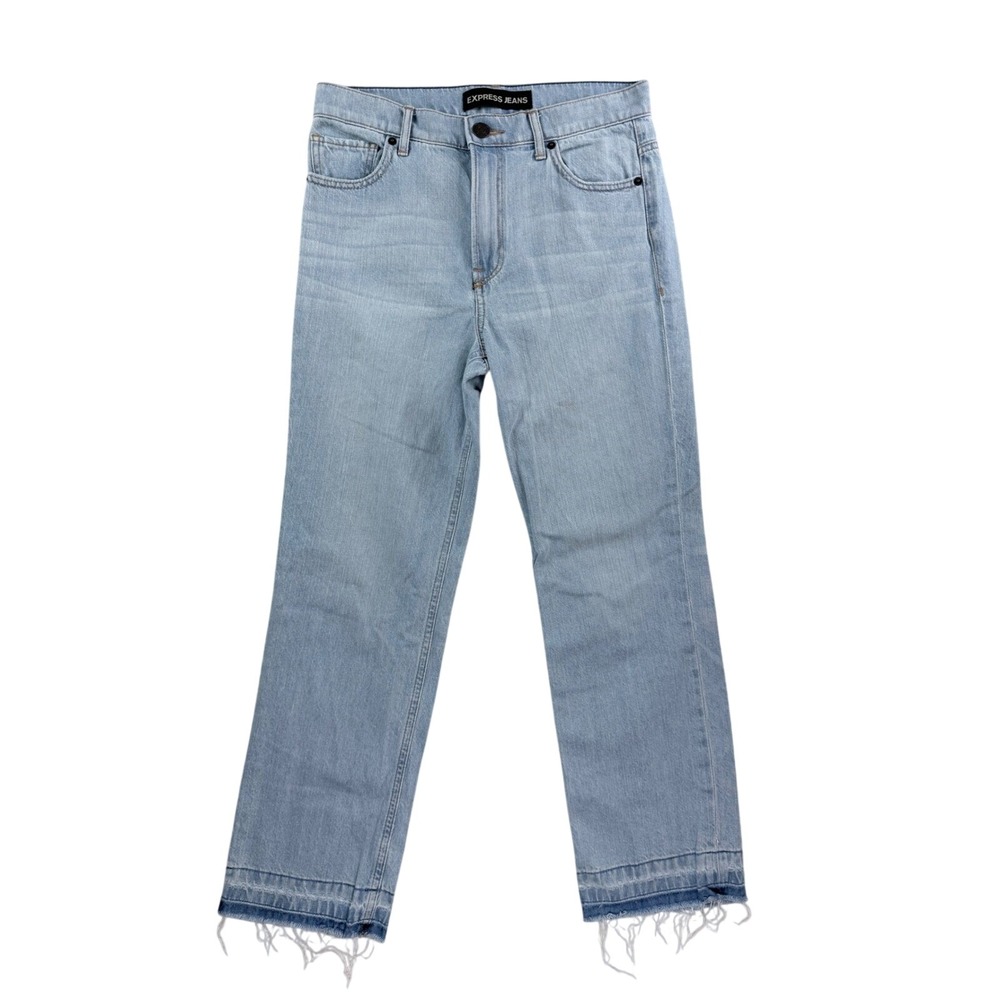 Express Jeans Straight Crop Women 4 Light Blue Excellent High Rise Raw Hem Denim